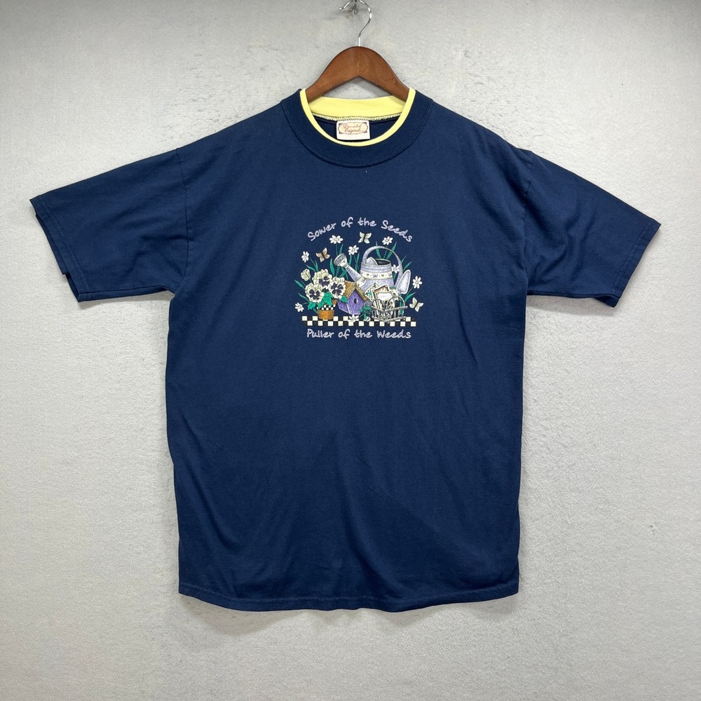 Decorated Originals T Shirt Womens XL Navy Blue Gardening Sow Seeds Pull Weeds